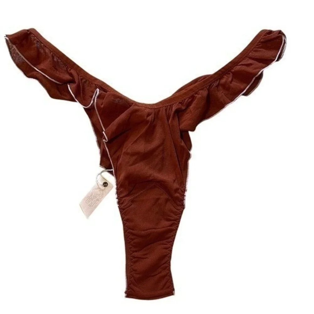 We are HAH Hot As Hell Ruffled Thong Underwear Rust Brown High Cut Mesh NWT XL